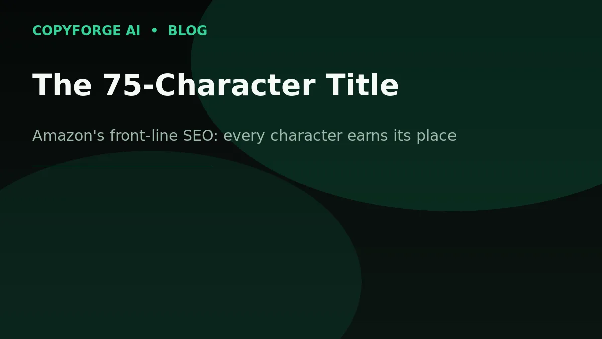 CopyForge AI branded banner: "The 75-Character Title" — Amazon's front-line SEO where every character earns its place.