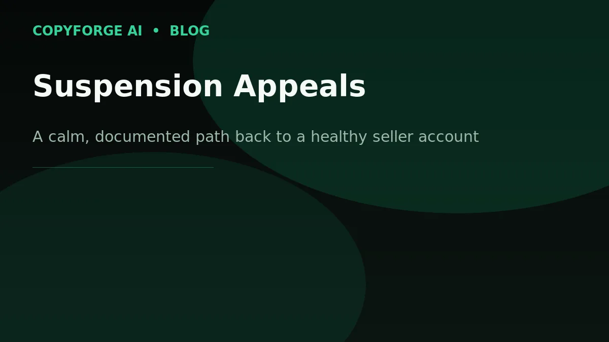CopyForge AI branded banner: "Suspension Appeals" — a calm, documented path back to a healthy seller account.