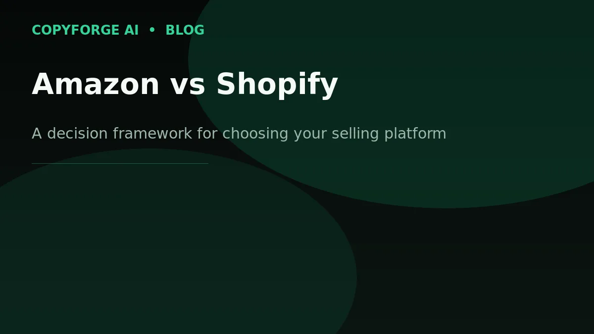 CopyForge AI branded banner: "Amazon vs Shopify" — a decision framework for choosing your selling platform.