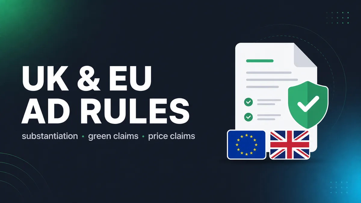 CopyForge AI branded banner: "UK & EU Ad Rules" — substantiation, green claims and price claims in product copy.