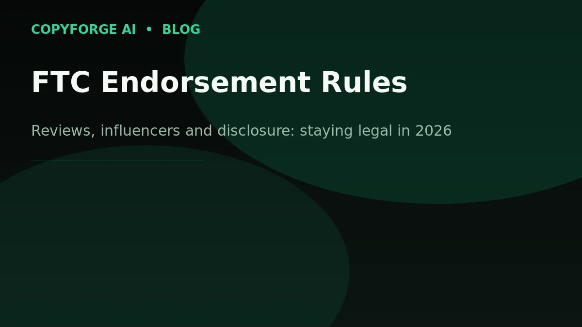 CopyForge AI branded banner: "FTC Endorsement Rules" — reviews, influencers and disclosure, staying legal in 2026.