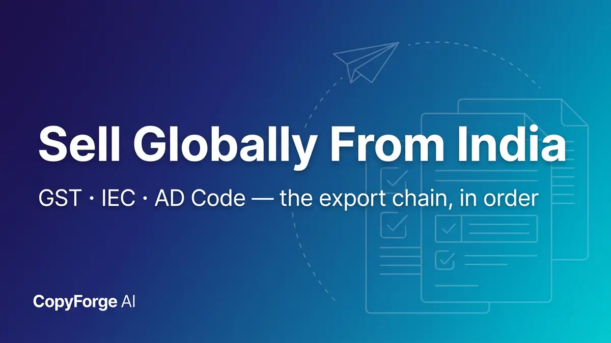CopyForge AI branded banner: "Sell Globally From India" — the export paperwork chain from GST and IEC to your first international payout.
