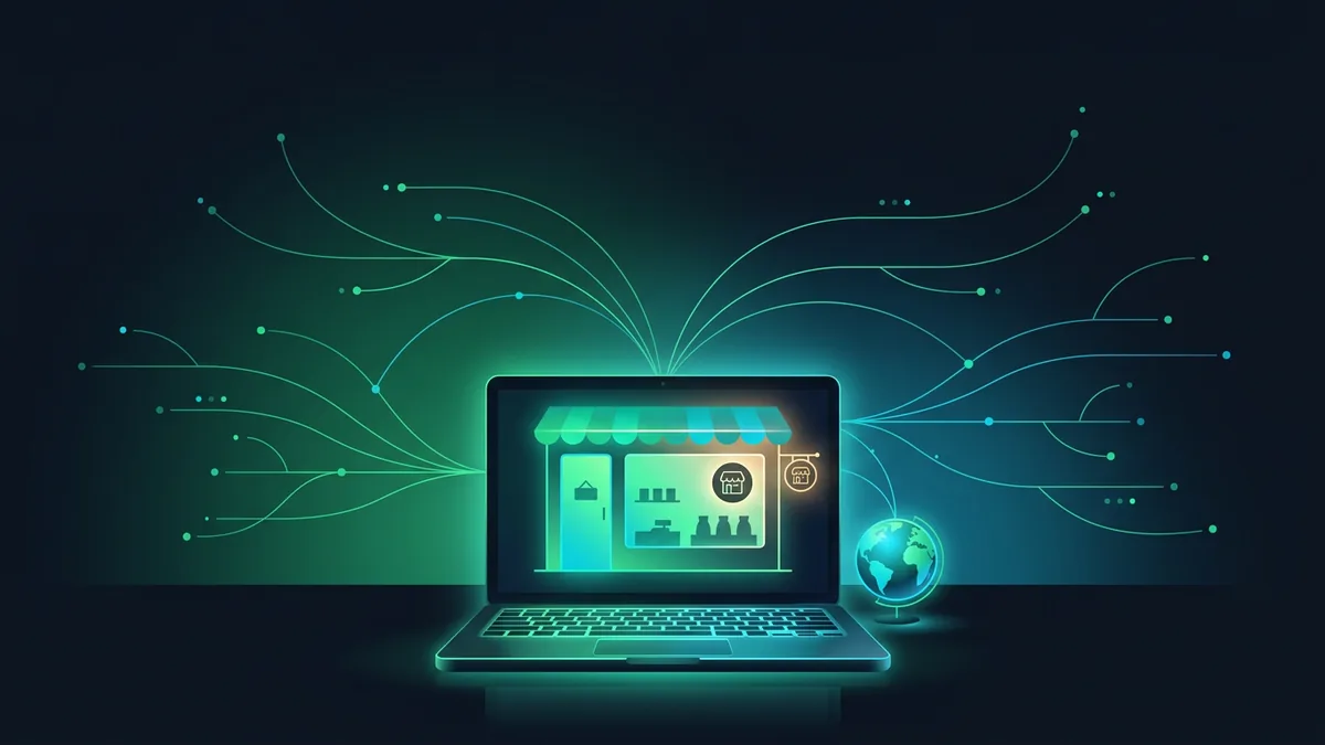 A glowing laptop storefront with connection lines reaching outward, illustrating an online seller reaching international buyers.