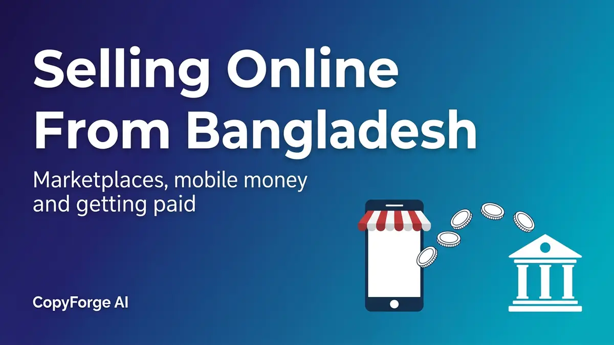 CopyForge AI branded banner: "Selling Online From Bangladesh" — marketplaces, mobile money and the honest routes to getting paid.
