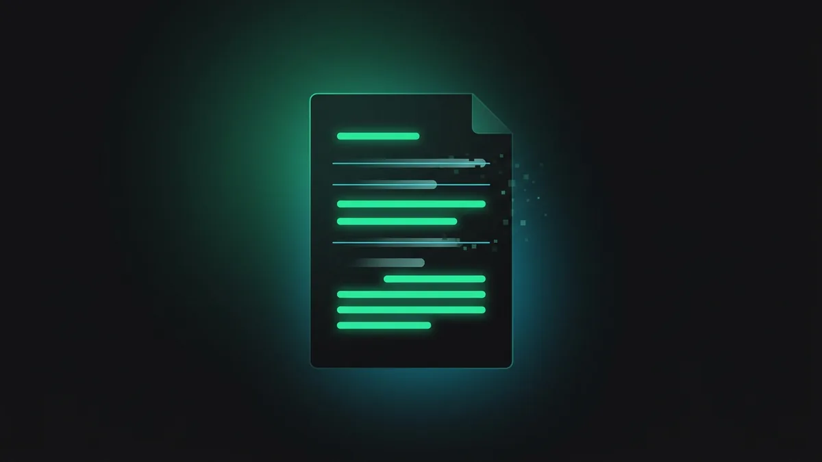 A document where grounded factual lines glow solid green while invented specification lines dissolve, illustrating the difference between facts and hallucination.