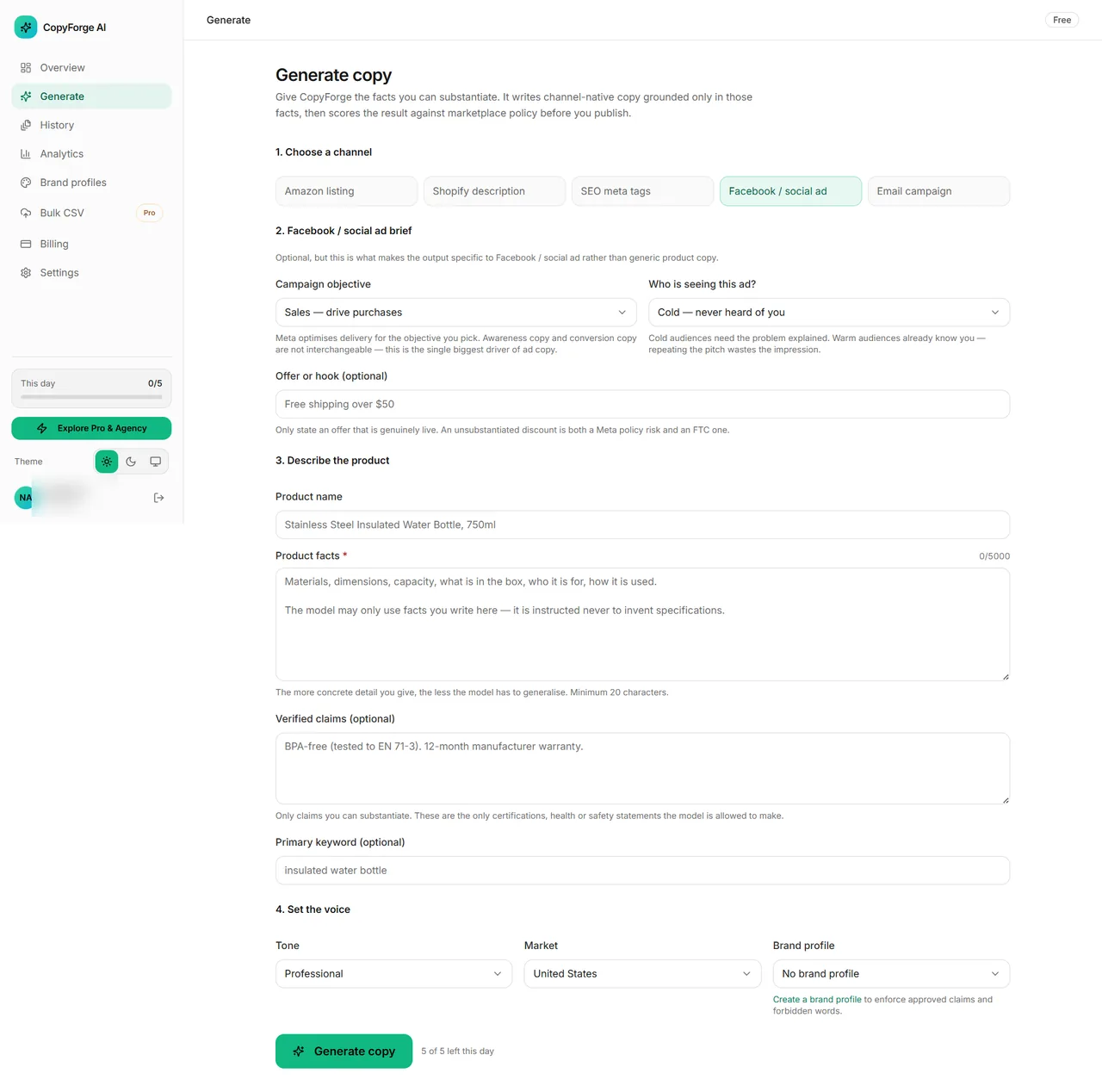 CopyForge generate page with a Facebook ad brief: campaign objective, audience temperature and offer fields