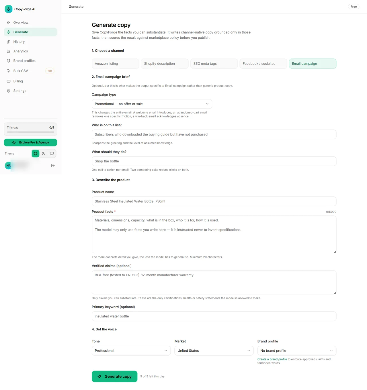 CopyForge generate page with an email campaign brief and product facts
